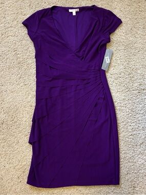 Calvin Klein Deep Purple Pleated Faux-Wrap Midi Dress
